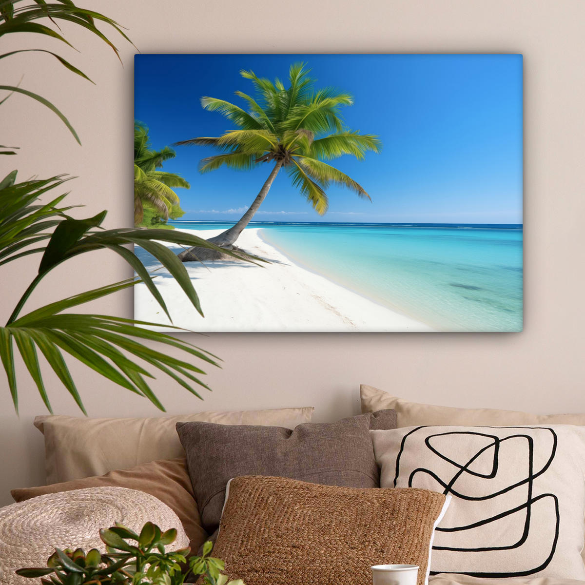 OBRAZ NA PLÁTNĚ Pláž - palma - tropická - moře 80x60 cm - zelená barva, textil (80/60cm) - MuchoWow