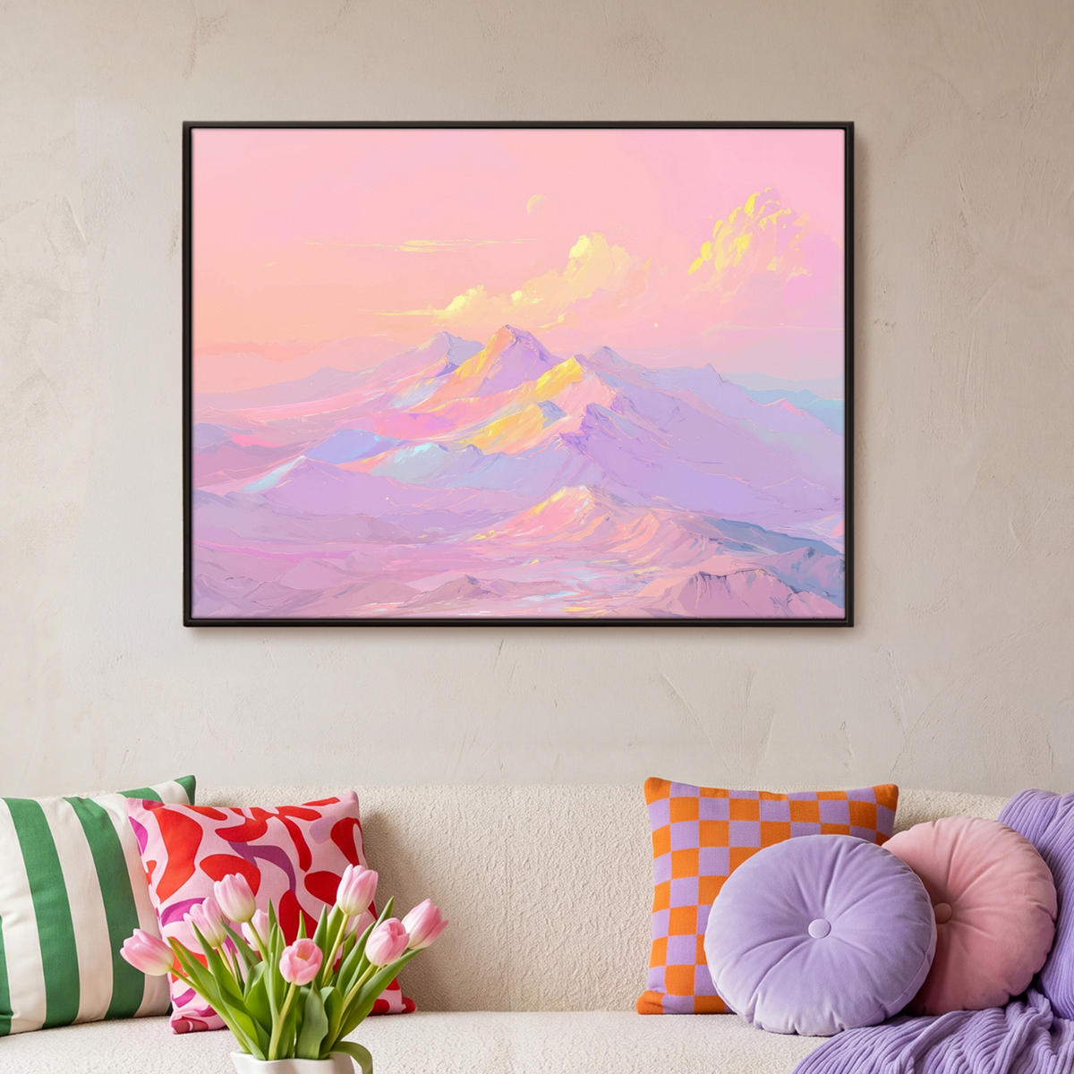 LEINWAND Bilder mit Rahmen - Berggipfel - Wolken - Verträumt - 100x70 - Hellrosa, Textil (100/70cm) - OnlyWow