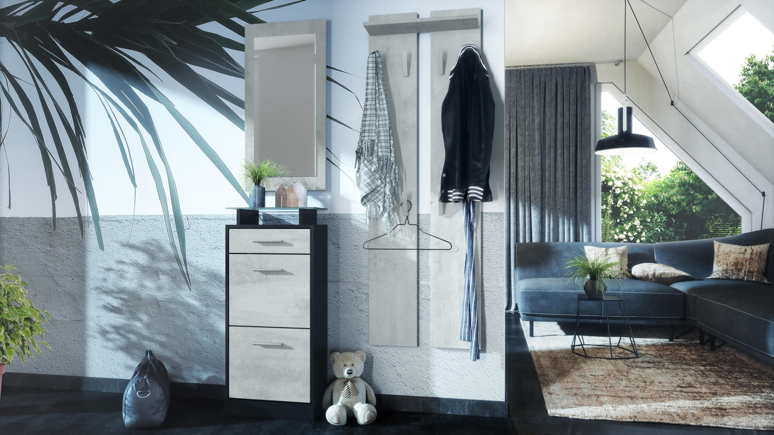 GARDEROBE Loret Front in Beton Oxid Optik - Hellgrau, Holzwerkstoff (140/200/23cm) - Vladon