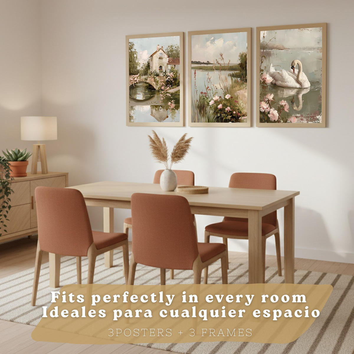 POSTER 3er Bilder-Set Wandbilder Ölmalerei modern Wohnzimmer Deko, Schlafzimmer, Küche, Badezimmer Leichter Holzrahmen A4 - Beige, Papier (29.7/1/21cm) - Nacnic