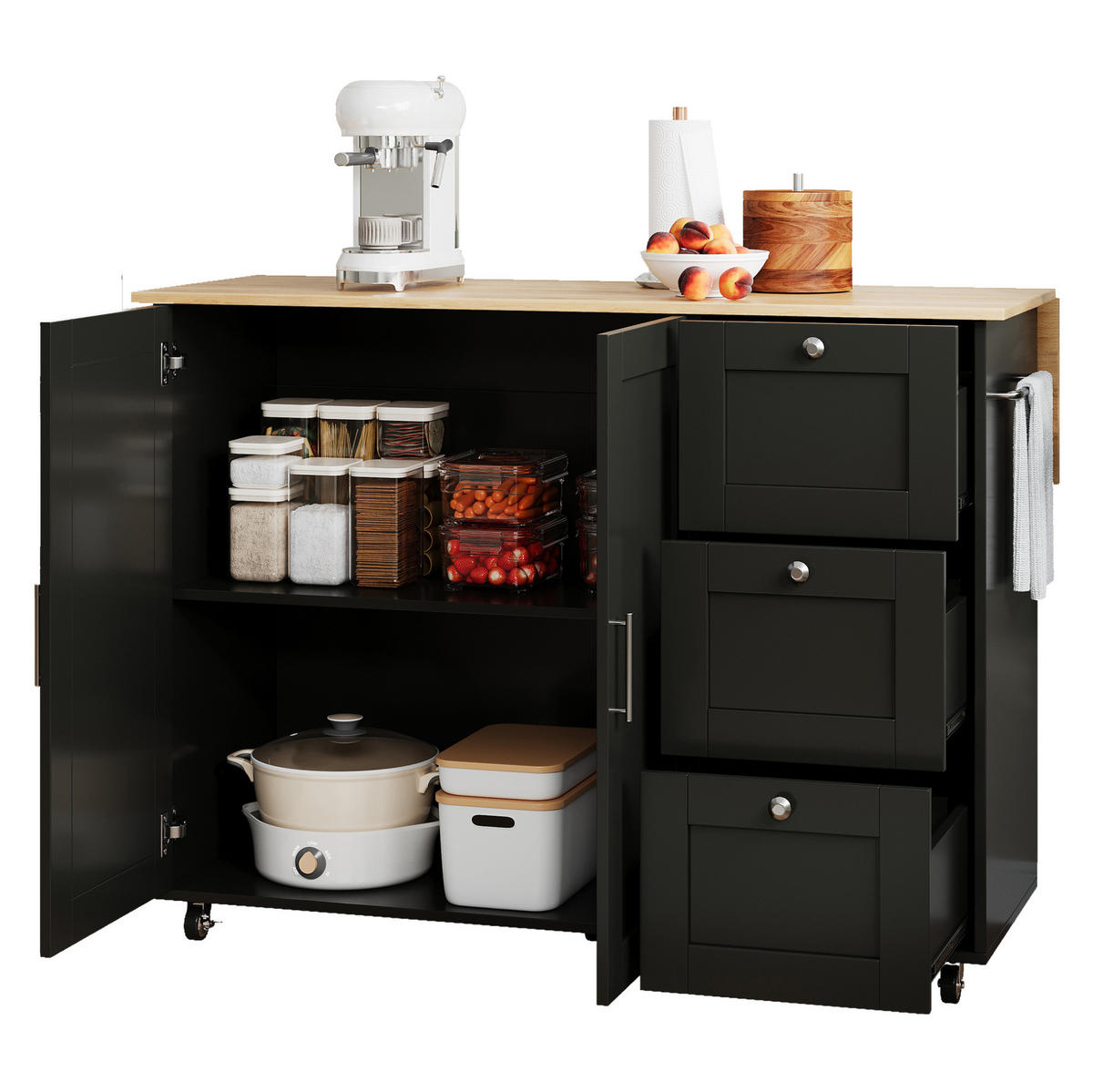 KÜCHENINSEL 135/44(70)/90 cm aus MDF mit klappbarer Arbeitsplatte, 3 Schubladen und Rollen, Schwarz/Natur - Schwarz, Holzwerkstoff (135/90/44cm) - Redom