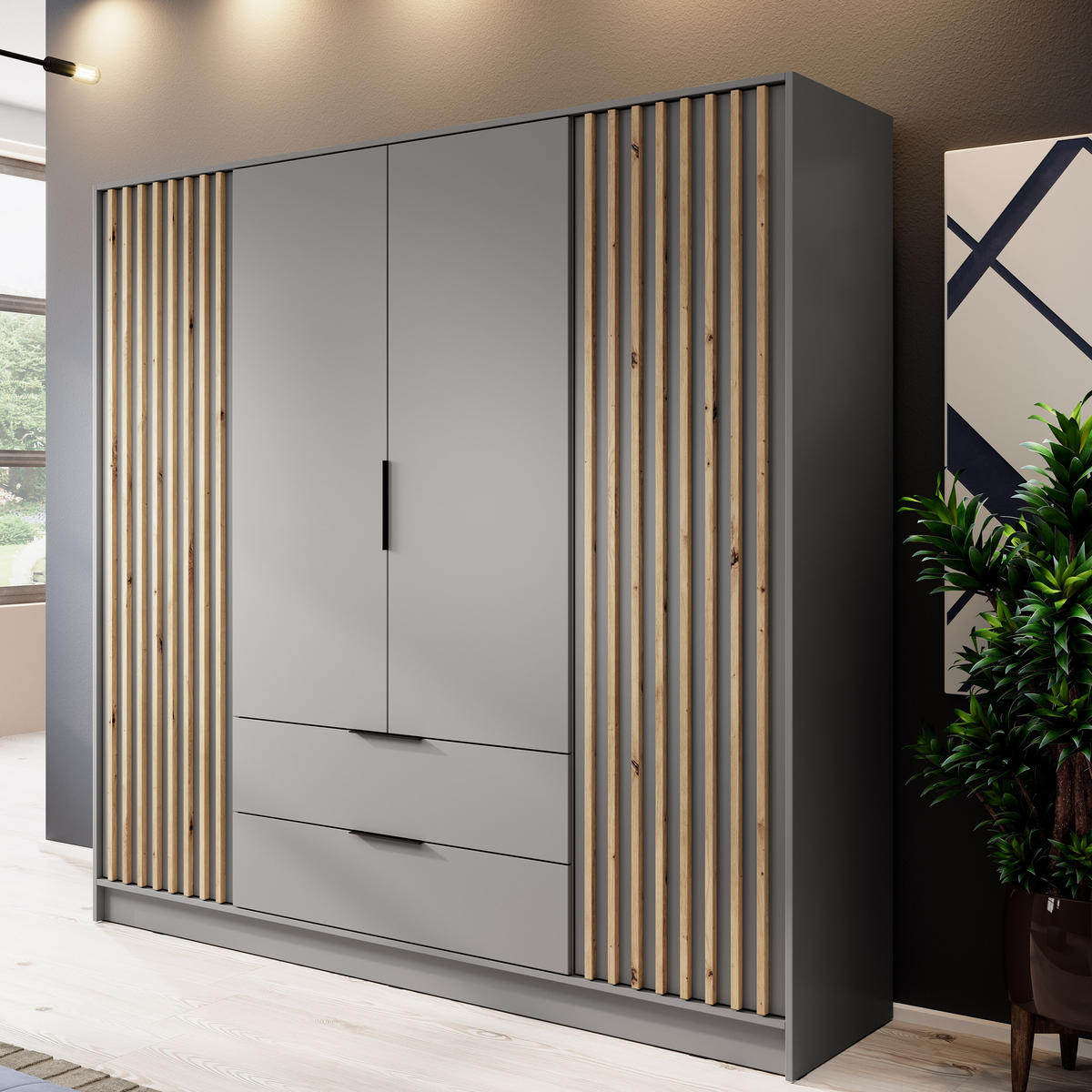 KLEIDERSCHRANK Stilo in Grau, viertürig, mit Schubladen und Lamellen an der Vorderseite - Schwarz/Eiche Artisan, Holzwerkstoff/Kunststoff (206/200/51cm) - Ravio