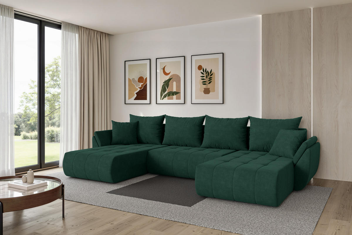 SEDACÍ SOUPRAVA DO U s funkcí spaní a úložným prostorem TOKO-U 378x194x86 zelená velur - černá/zelená barva, kompozitní dřevo/textil (378/86/194cm) - ALTDECOR