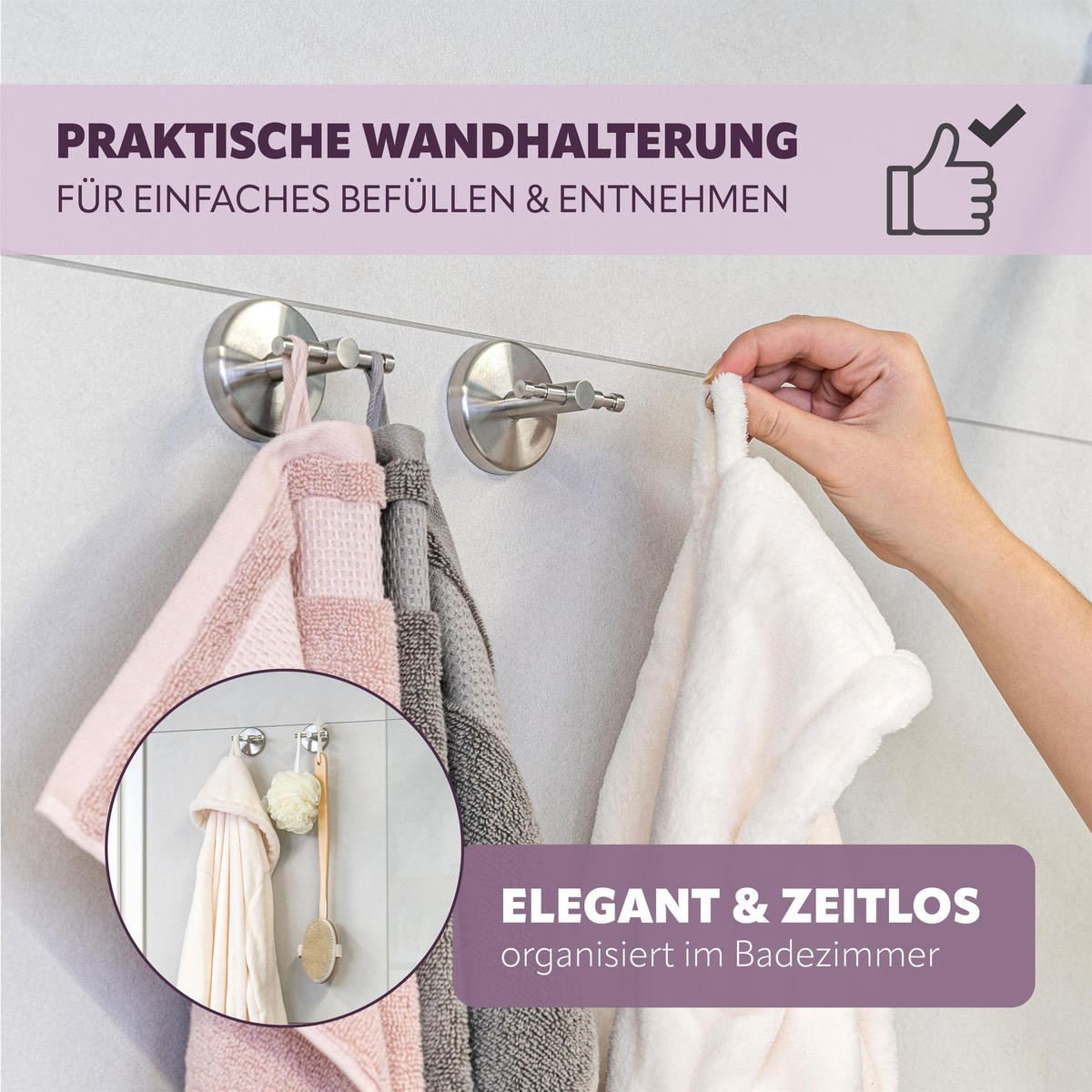 DOPPEL-WANDHAKEN PIAZZA 4er-Set, Edelstahl, inkl. Klebeset - Edelstahlfarben, Metall (6/6/6cm) - bremermann