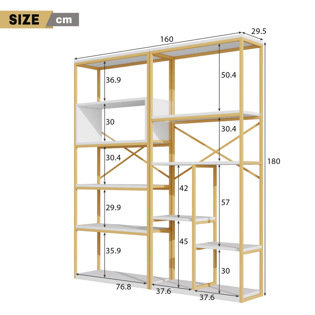 BÜCHERREGAL in Gold und Weiß Regal aus Stahlrohren und MDF mit Stauraumfächern für Wohnzimmer, B160/T29.5/H180 cm - Goldfarben, Holzwerkstoff/Metall (160/180/39.5cm) - STILVORA