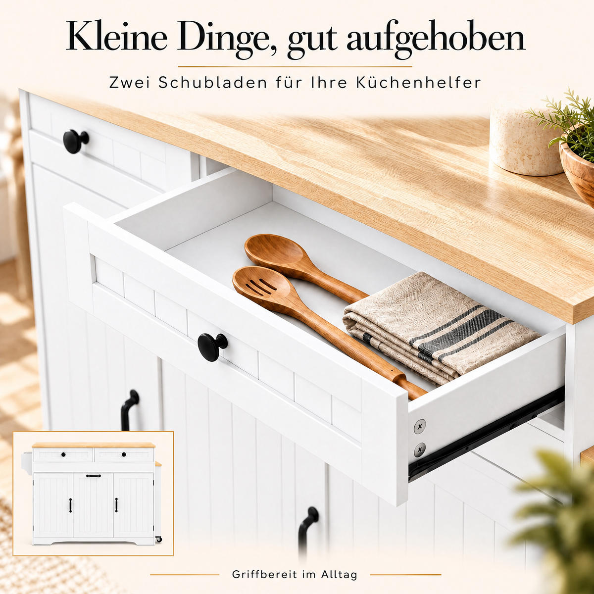 KÜCHENINSEL aus Rollen 188.6/40/91 cm Weiß mit Arbeitsplatte, 2 Schubladen und Stauraum - Weiß, Holzwerkstoff (188.6/91/36.7cm) - Oxeza