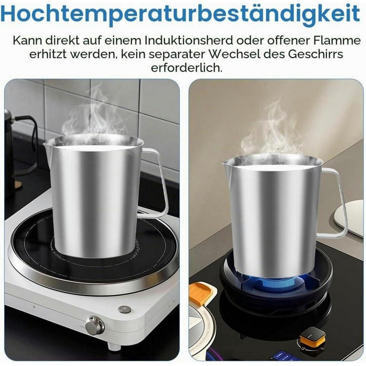 MESSBECHER Edelstahl 500ml mit Tropffreiem Ausguss und Feinskala - Silberfarben, Metall (0.5L)