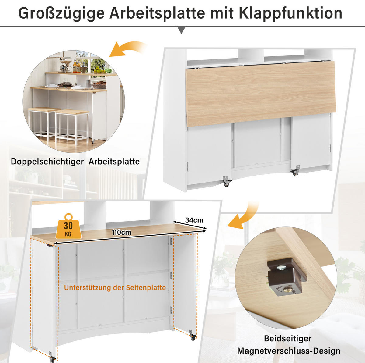 KÜCHENINSEL 110/34-68/97,5 cm mit klappbarer Arbeitsplatte, 2 Hockern und viel Stauraum, Weiß - Weiß, Holzwerkstoff (110/97.5/68cm) - Redom