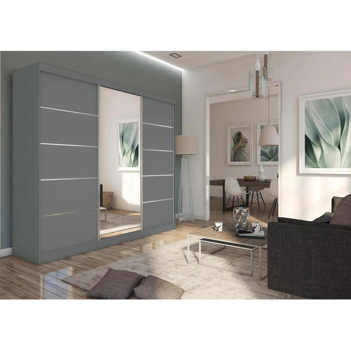 SCHWEBETÜRENSCHRANK Marika 240/216/61 graphit mit Spiegel und Schubladen - Graphitfarben, Holzwerkstoff (240/216/61cm) - Beautysofa