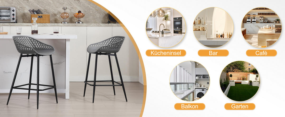 BARHOCKER 2er Set aus PP-Kunststoff, Grau - Schwarz/Grau, Kunststoff/Metall (44/84.5/47cm) - Woltu