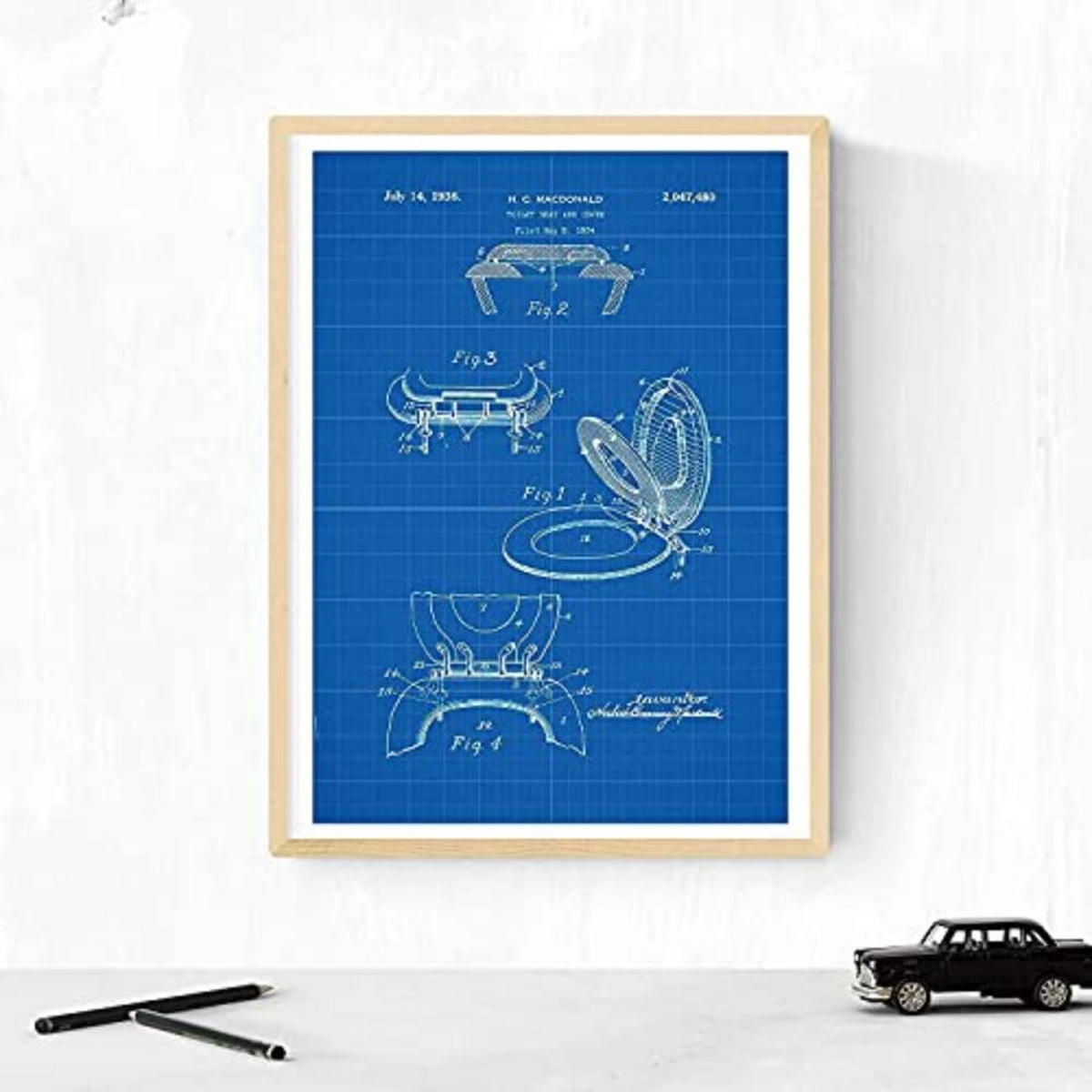POSTER Set mit 4 BLAU Badezimmer Patent A3 Schwarzer Rahmen - Schwarz, Papier (29.7/3cm) - Nacnic