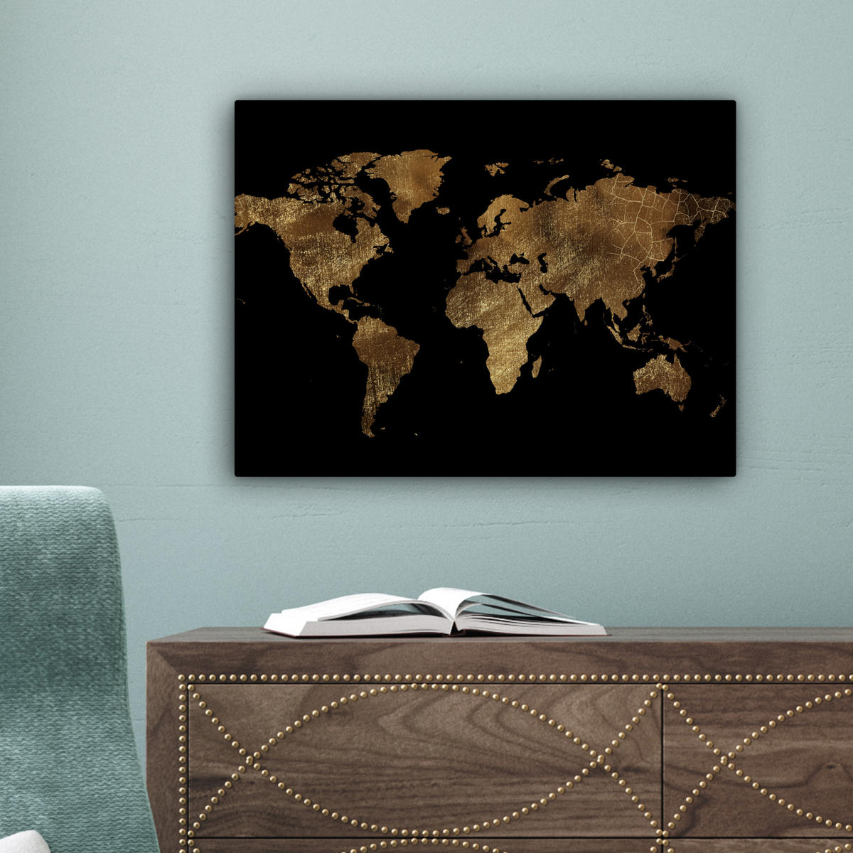 LEINWANDBILD Weltkarte - Gold - Luxus - Erde - Schwarz 40x30 cm - Goldfarben, Textil (40/30cm) - MuchoWow