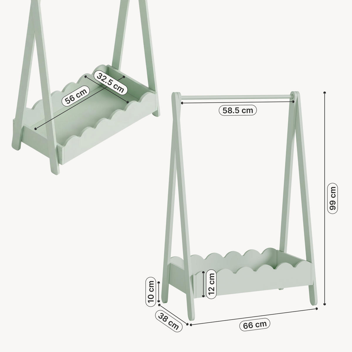 DĚTSKÝ VĚŠÁK NA OBLEČENÍ Vestnes II. - mátově zelená, kompozitní dřevo (66/99/38cm) - [en.casa]