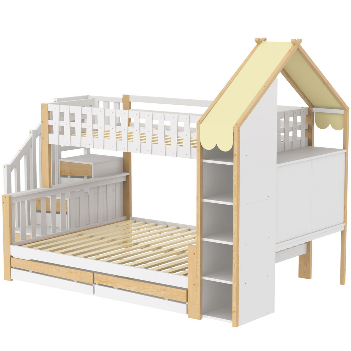 HAUSBETT 90/200 + 140/200 cm in Weiß/Natur mit Stauraumleiter und Schubladen - Weiß, Holz (90/200cm) - BEAOK