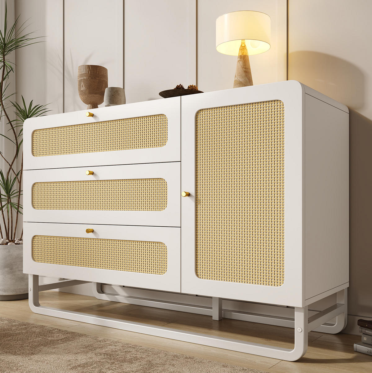 KOMMODEN-SIDEBOARD 120/40/85 cm mit 3 Schubladen & Rattan-Fronten in Weiß - Weiß, Metall (120/85/40cm) - BEAOK