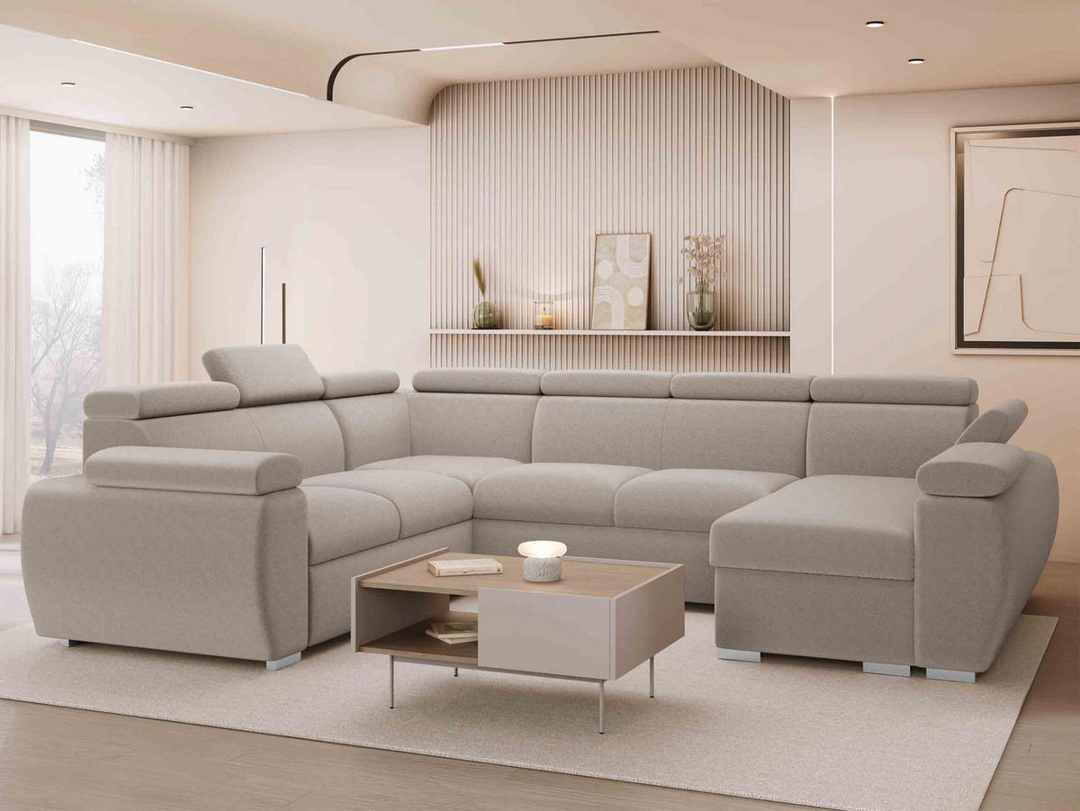 WOHNLANDSCHAFT Boston U, Seite: Rechts - 2R+R+2P+LC - Chromfarben/Naturfarben, Holz/Textil (325/98/260cm) - MIRJAN24