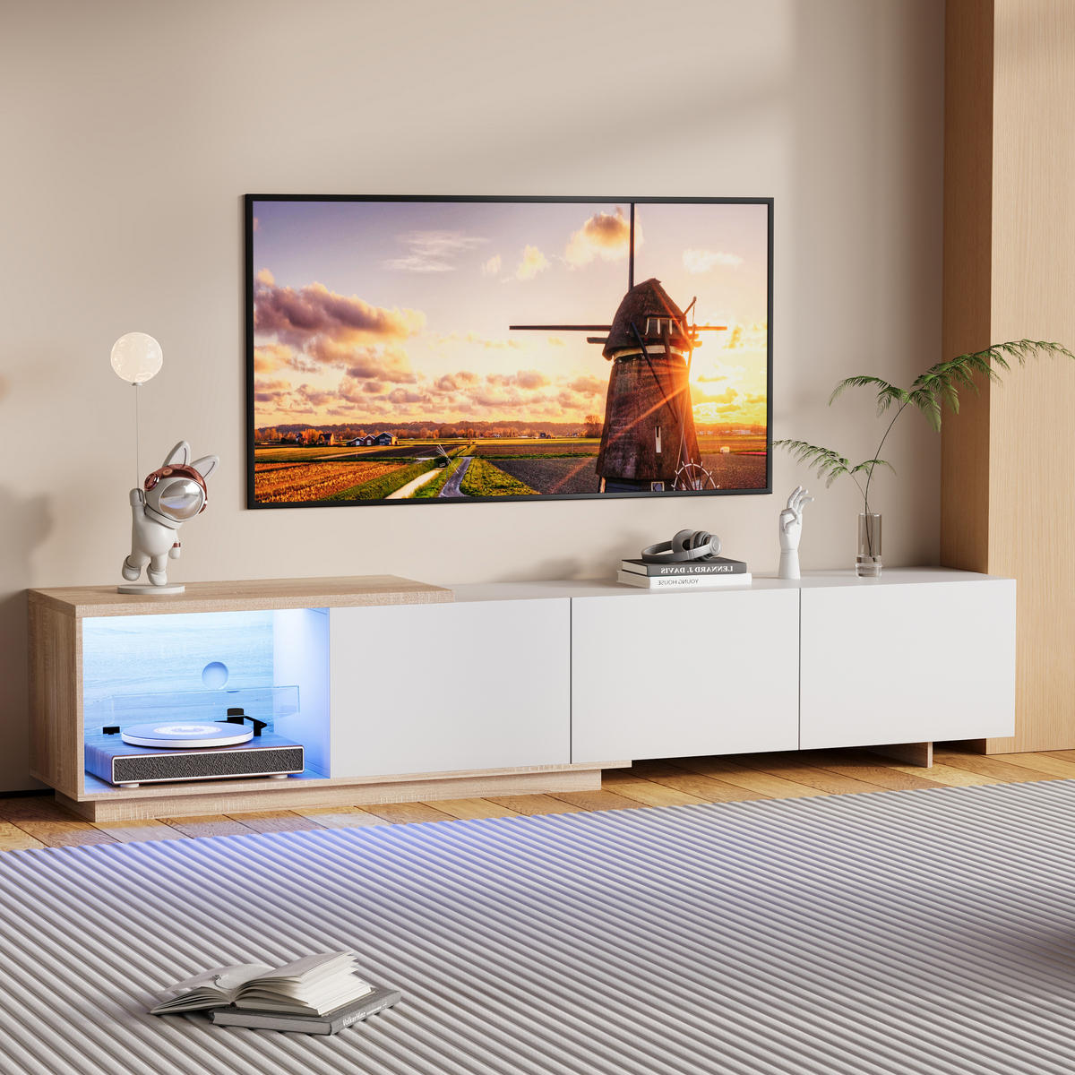 TV-SCHRANK 163–240 cm Ausziehbar LED-Licht Schubladen Stauraum Weiß-Holzoptik - Weiß, Holzwerkstoff (38/44/240cm) - SHOPENTRA