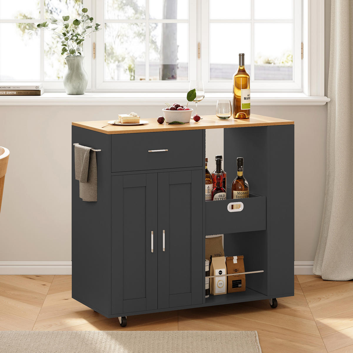 SERVIERWAGEN Kücheninsel mit Eichenplatte und offenem Stauraum, 102x46x92 cm - Schwarz, Holz/Metall (46/92/102cm) - PARAFTA HOME
