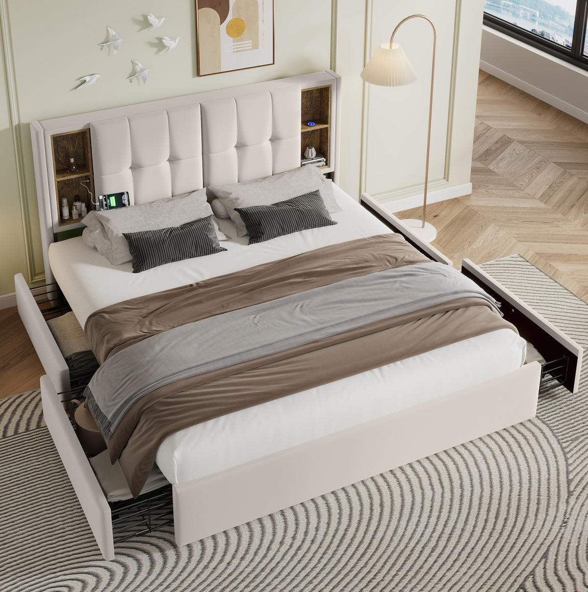 ČALÚNENÁ posteľ z velúru 160x200 cm béžová s bezdrôtovým nabíjaním, USB-C a 4 zásuvkami - béžová, textil (160/200cm) - Modfu