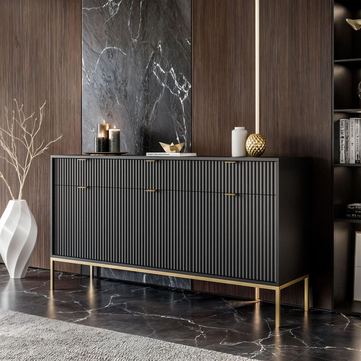 SIDEBOARDS CORTADO GOLD KSZ154 MIT SCHUBLADEN 154 CM SCHWARZ - Schwarz, Holzwerkstoff (154/83/39cm) - Lookway