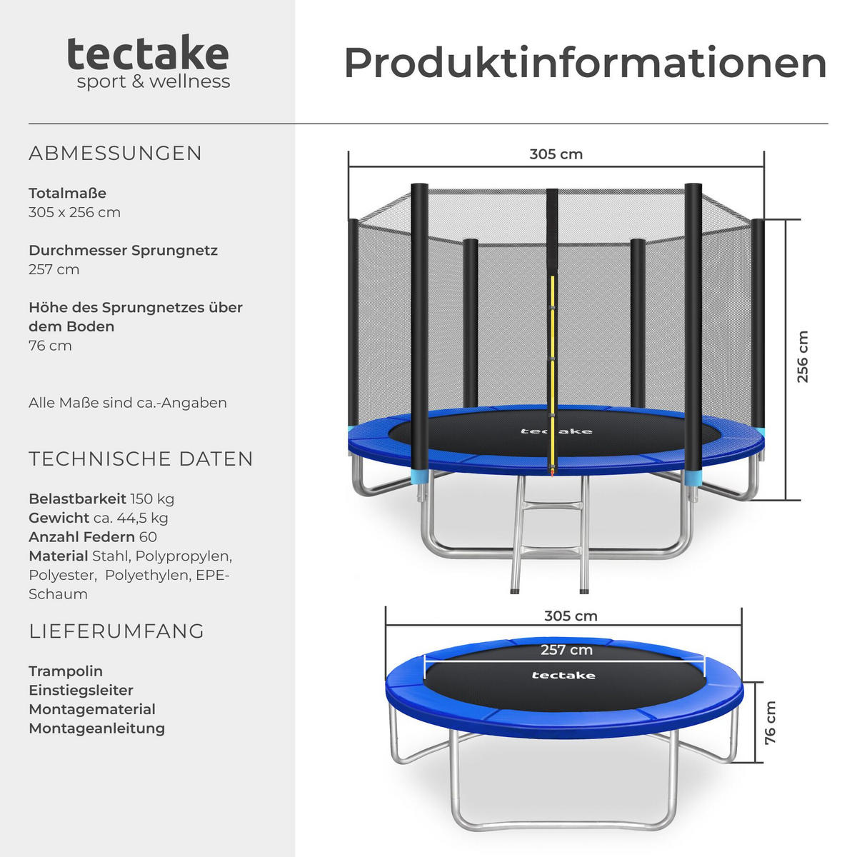 TRAMPOLIN Garfunky, inklusive Einstiegsleiter, schwarz/blau - Blau/Schwarz, Metall (305/256/305cm) - tectake