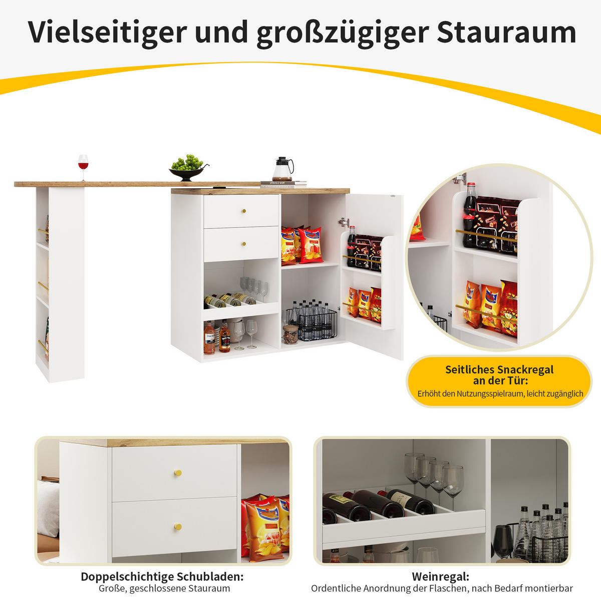 BARTISCH 138/39/102 cm in Weiß mit drehbarem Regal und Schubladen - Weiß, Holzwerkstoff (204/39/104cm) - BEAOK