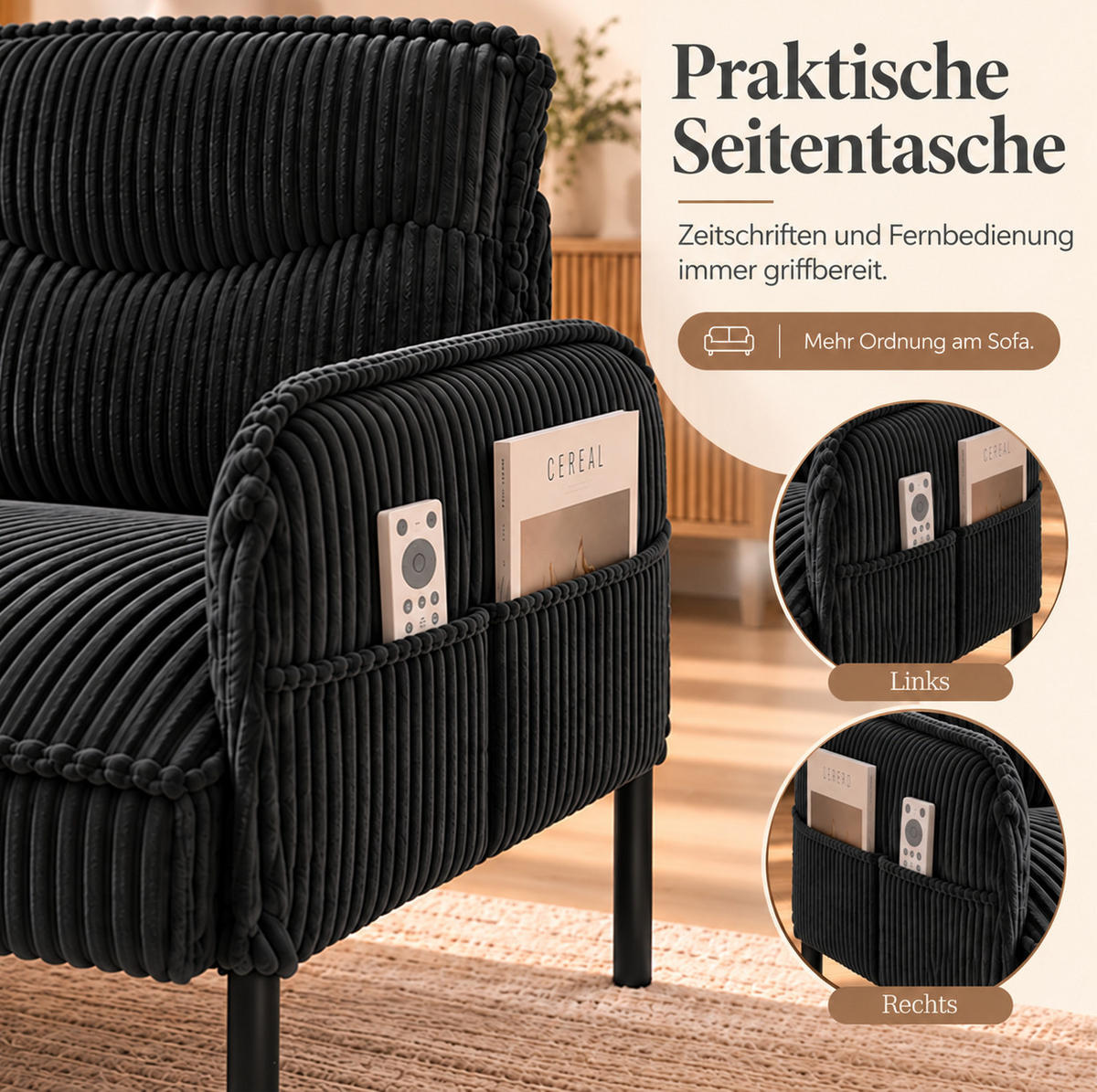 2-SITZER Sofa 122/73/83 cm Cordstoff mit Seitentaschen und Metallbeinen Schwarz - Schwarz, Textil/Metall (73/83/122cm) - Redom