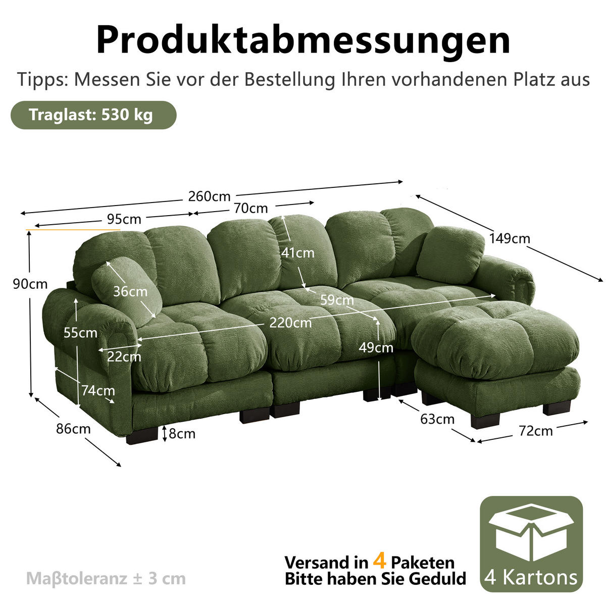ECKSOFA 260/149/90 cm Grün Cord mit mobiler Ottomane und 2 kleinen Dekokissen - Grün, Textil (260/149cm) - Oxeza