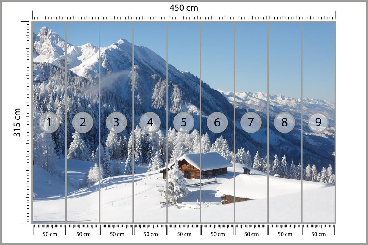 FOTOTAPETA Pre Obývaciu Izbu Drevená Chata Hory Stromy Zima 450 x 315 cm - biela, papier (450/315cm) - Muralo