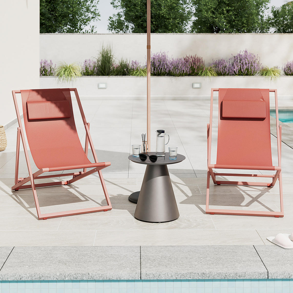 LIEGESTUHL - Stahl / Polyrattan - 2er-Set - Terracotta, Textil/Metall (63/93/104cm) - home24