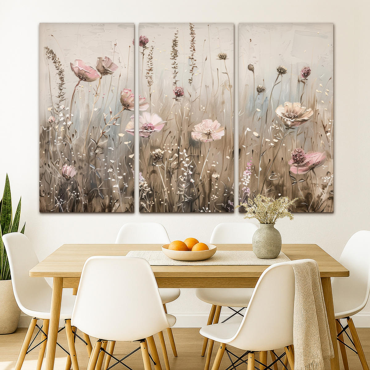 LEINWANDBILD 3er Set Blumen - Beige - Modern - Rosa 150x100 cm - Ecru, Textil (150/100cm) - MuchoWow