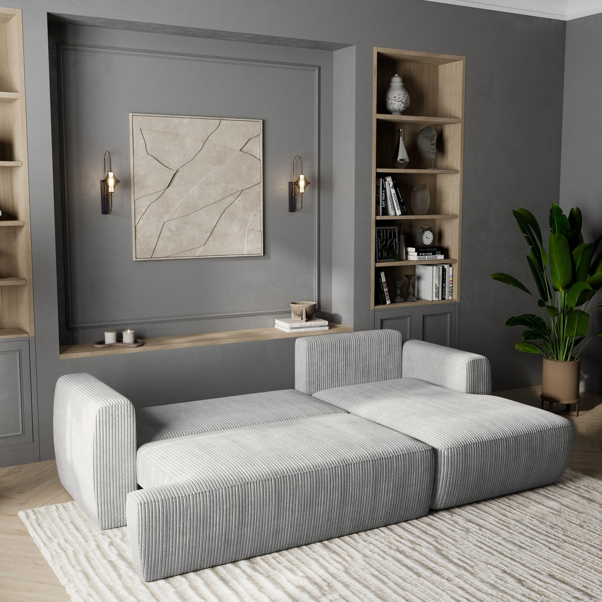 ECKSOFA SENTI P R-S Hellgrau Kordstoff mit Schlaffunktion - Hellgrau, Holz (246/148cm) - MASSENO