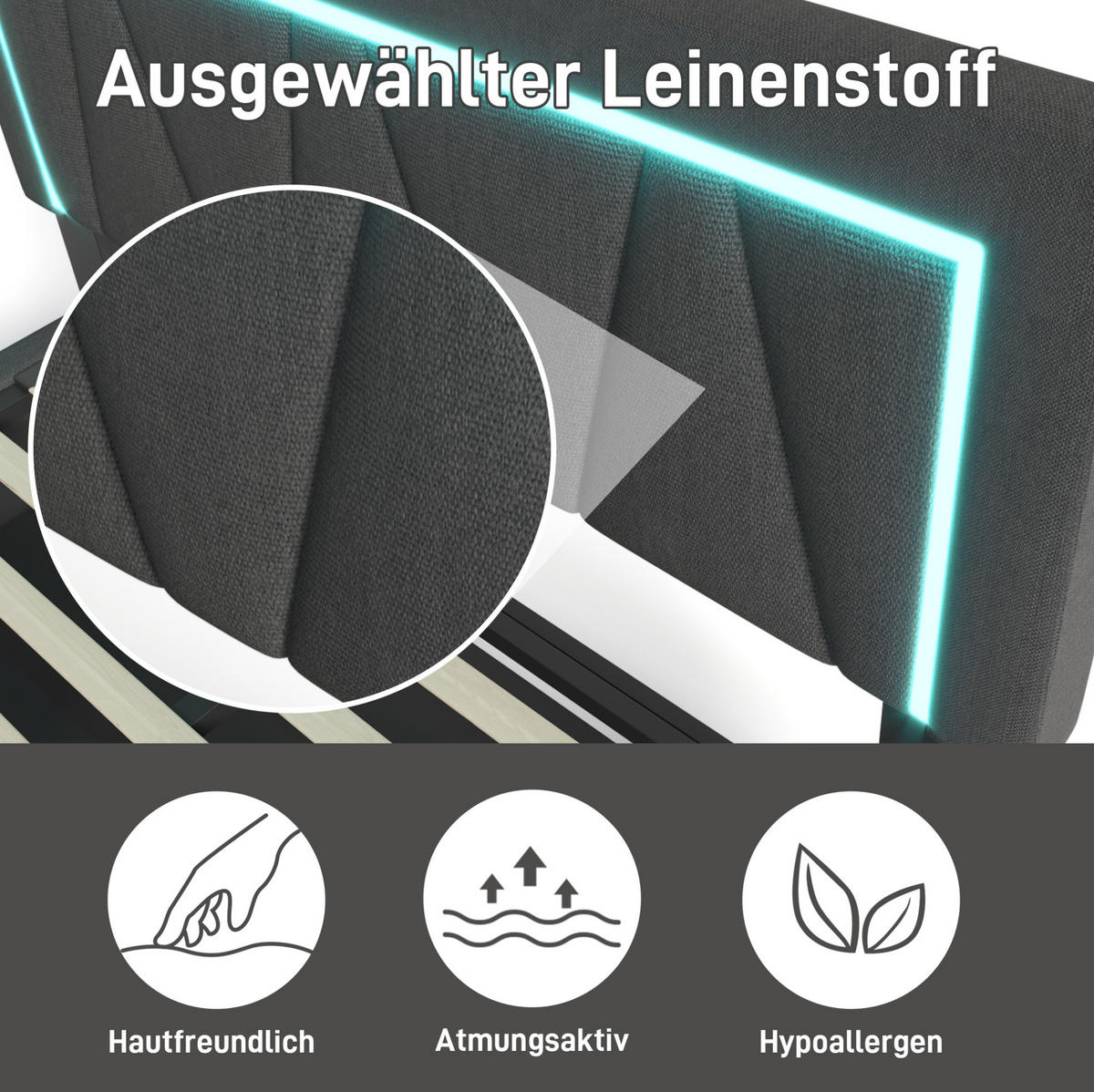 POLSTERBETT 160/200 cm Grau aus Leinen mit Stauraum und LED - Grau, Textil (160/200cm) - OKMYHOME