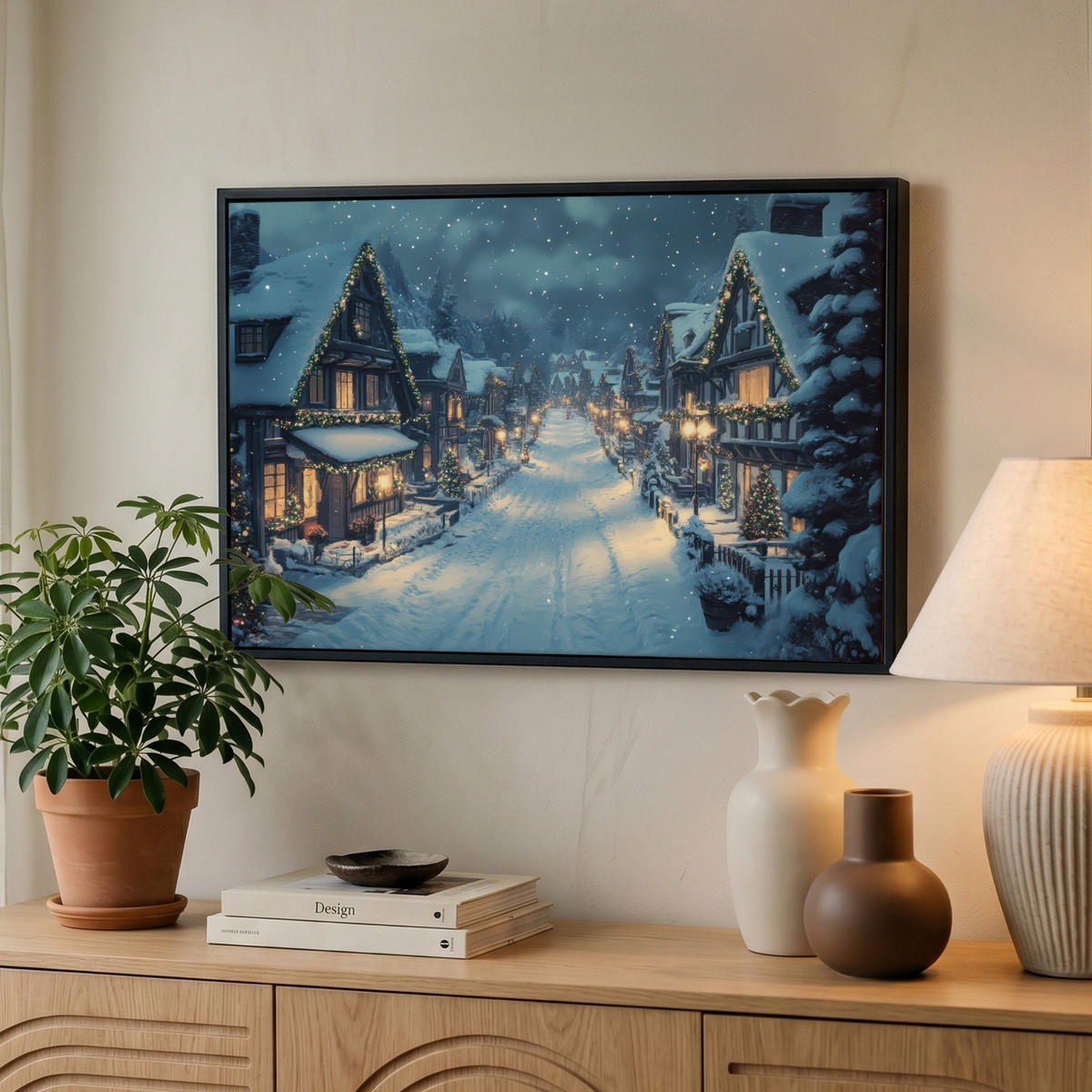 LEINWAND Bilder mit Rahmen - Weihnachtsdorf - Weihnachten - Schnee - Winter - 60x40 - Dunkelblau, Textil (60/40cm) - MuchoWow