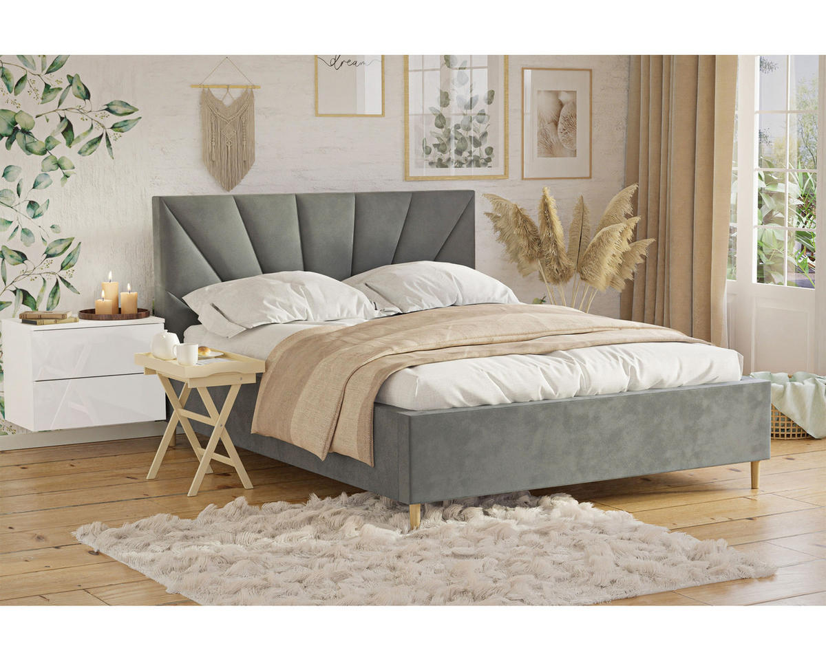 POLSTERBETT AINA 140x200 cm Jasmine 90, 34 Holzlatten, Kopfteil 104 cm - Grau, Textil (140/200cm) - Lookway
