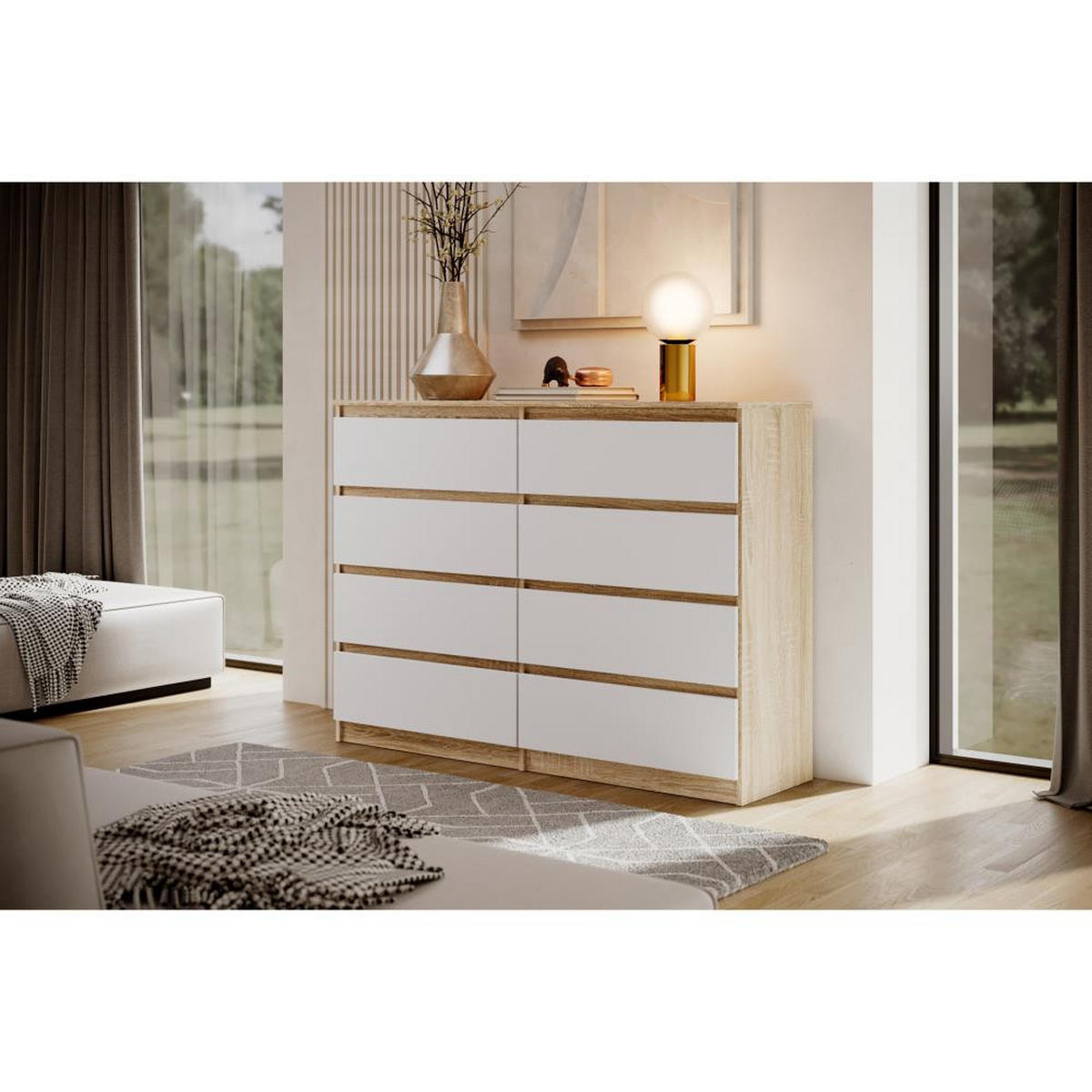 KOMMODE Lemon 140 cm mit acht Schubladen eiche Sonoma/weiß - Weiß/Sonoma Eiche, Holzwerkstoff (140/101.5/39cm) - Beautysofa