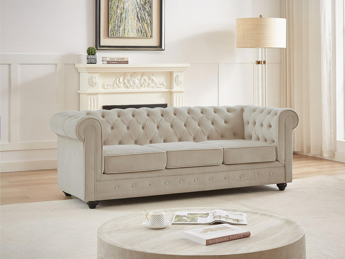 SOFA 3-Sitzer - Samt - Beige - CHESTERFIELD - Beige, Textil (205/72/88cm) - Vente-Unique