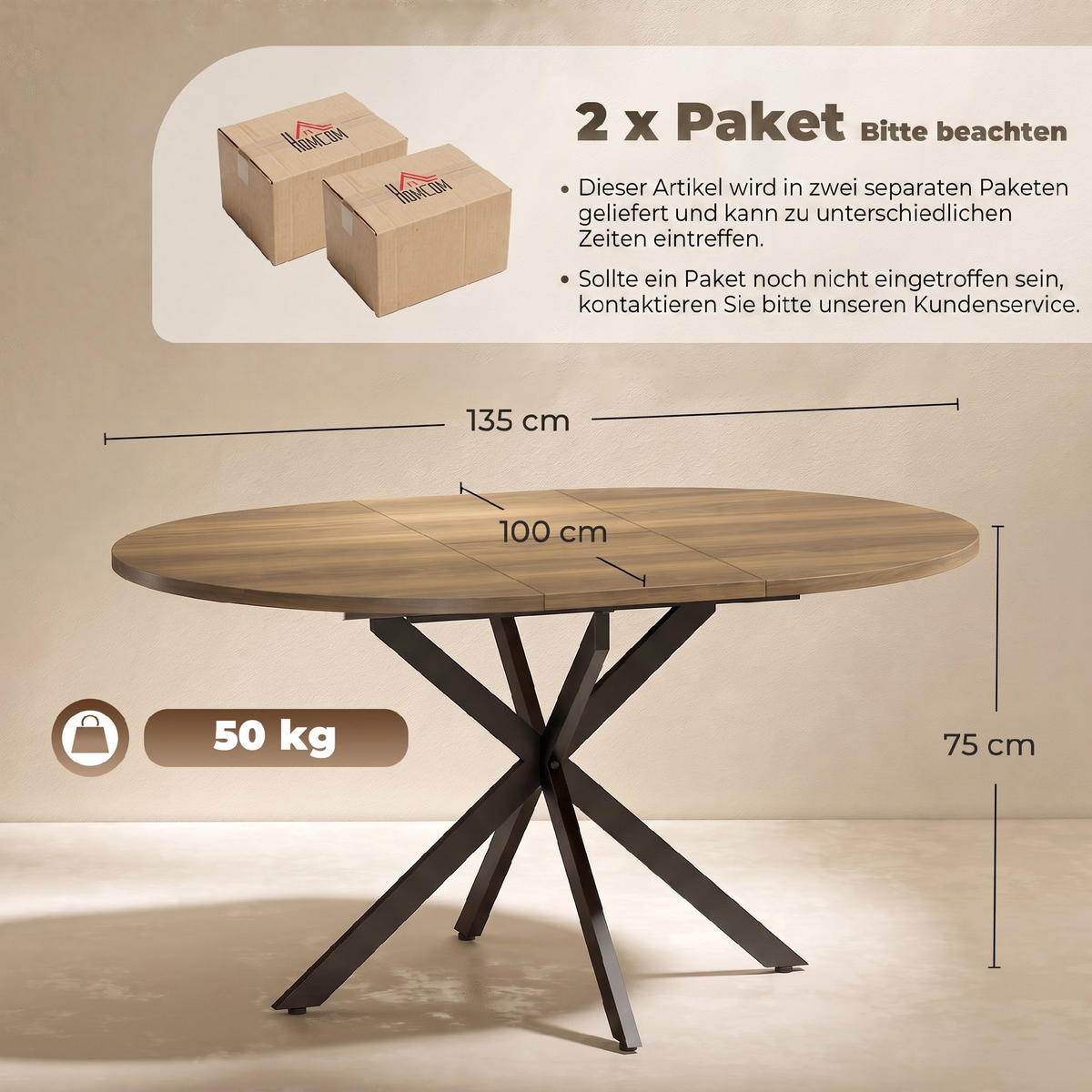 ESSTISCH Braun ausziehbar 135/100/75 cm - Braun, Metall (135/100/75cm) - PANGIVO