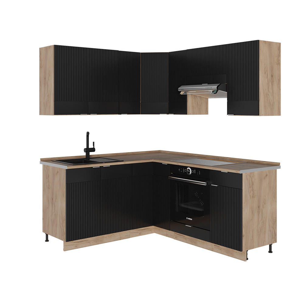 ECKKÜCHE Fame-Line, Schwarz gestreift/Goldkraft Eiche, 160 x 190 cm, AP Eiche - Schwarz, Holzwerkstoff (190/81.6/60cm) - Vicco