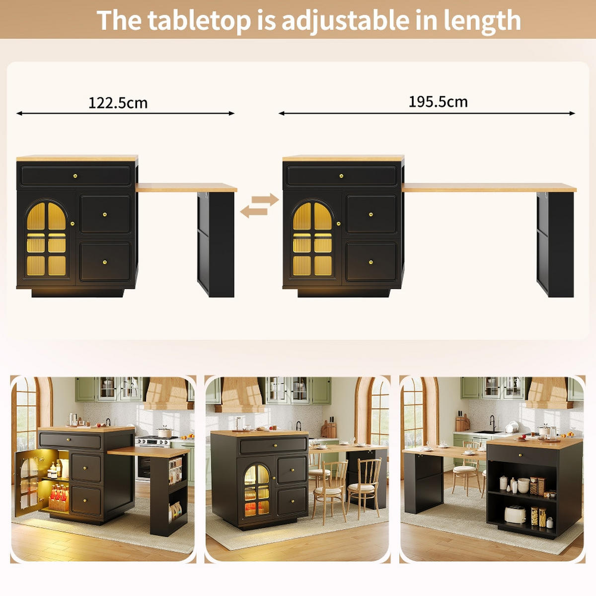 KÜCHENINSEL AUSZIEHBAR, mit Schubladen und Glasvitrine, Holzmaserung Schwarz, Esszimmer Bartresen, 122,5-195,5/59/93,5 cm - Schwarz, Kunststoff (59/93.5/122.5cm) - Rolipo
