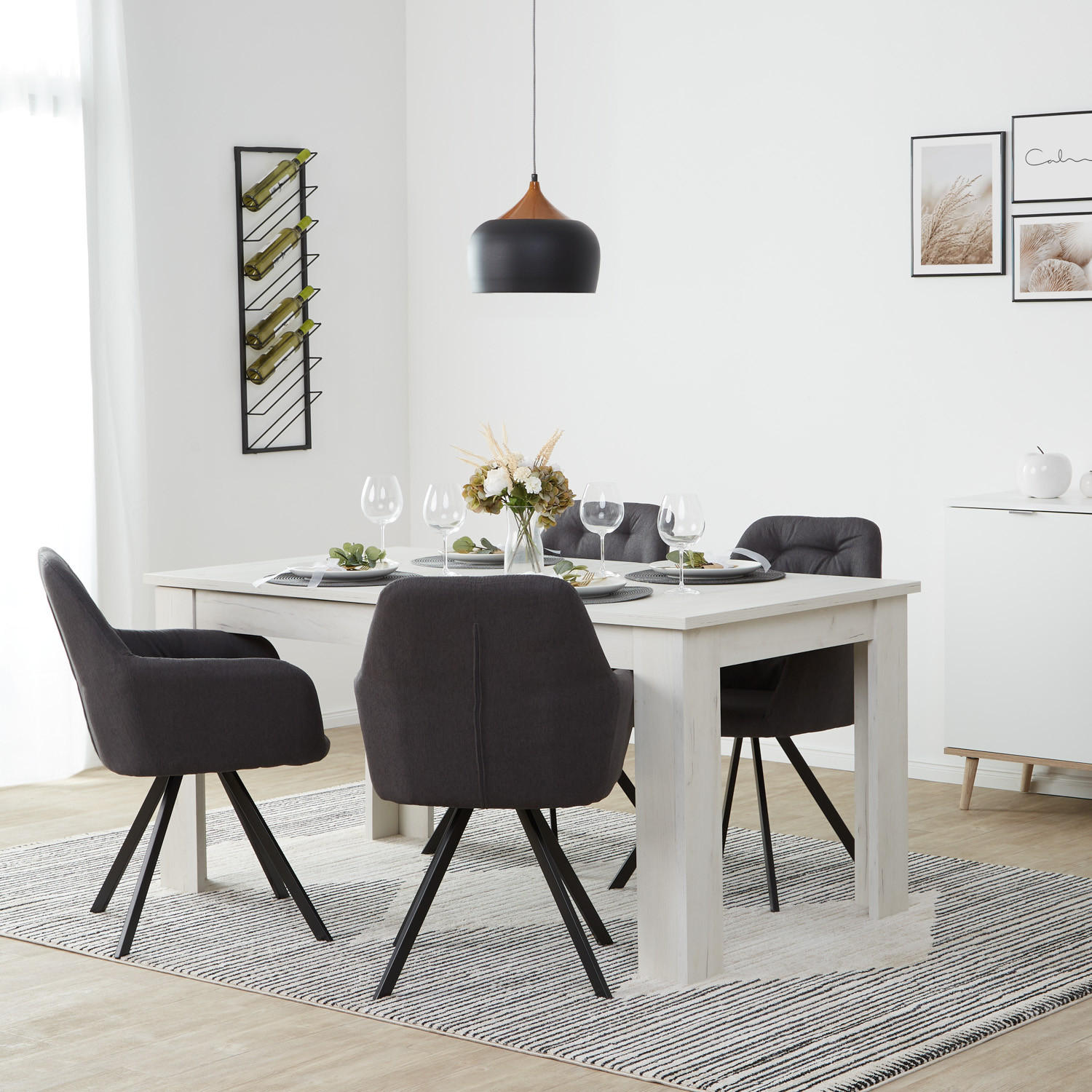 TISCHGRUPPE 160-200/90 cm weiß mit 4 Stühle Anthrazit - Anthrazit/Weiß, Holz/Textil (160/88/90cm) - Homestyle4u