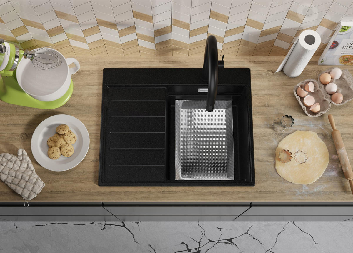 SPÜLBECKEN Sydney, 2-er set Schwarz 62/50 cm 1 Becken + Ablauf-Set + Küchenzubehörset ab 40er Unterschrank - Chromfarben/Beige, Kunststoff (62/20/50cm) - Primagran