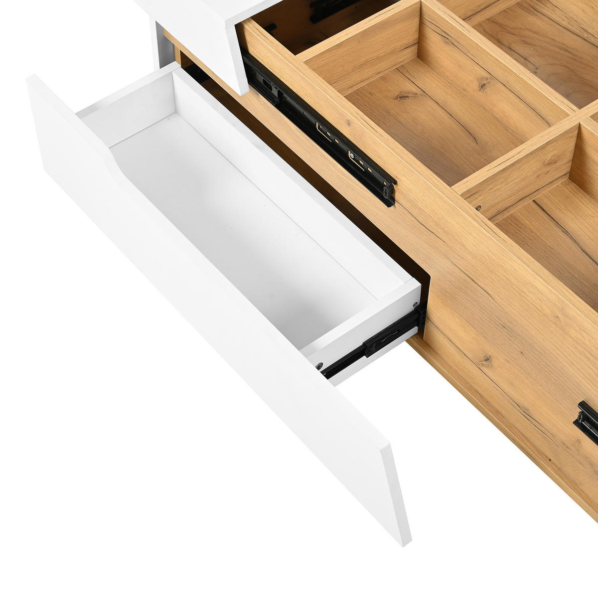 COUCHTISCH in Naturfarben und Weiß mit Schubladen und ausziehbarer Tischplatte für Wohnzimmer, B120/T50/H37,5 cm - Weiß/Naturfarben, Holzwerkstoff (50/201.5/37.5cm) - STILVORA
