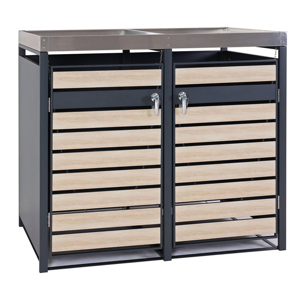 MÜLLTONNENBOX 2er mit Pflanzkasten 125x132x80cm Anthrazit Buche-Holzoptik erweiterbar - Hellbraun, Metall (132/125/80cm) - PROREGAL