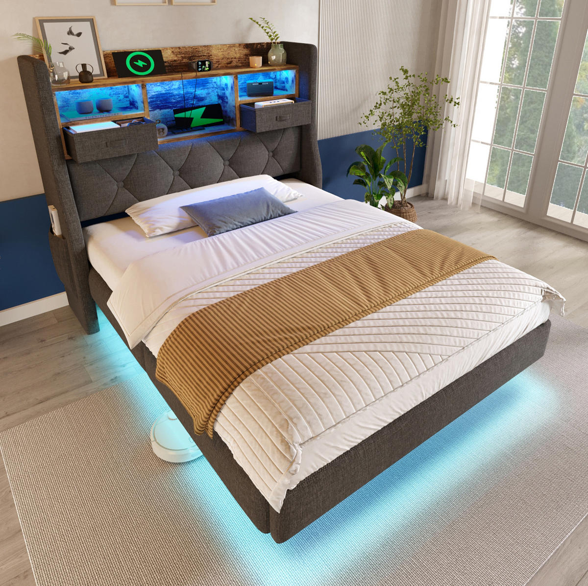 POLSTERBETT 90/200 cm Grau mit Matratze, LED-Beleuchtung und USB-Anschlüssen - Grau, Textil (90/200cm) - Flora Grace