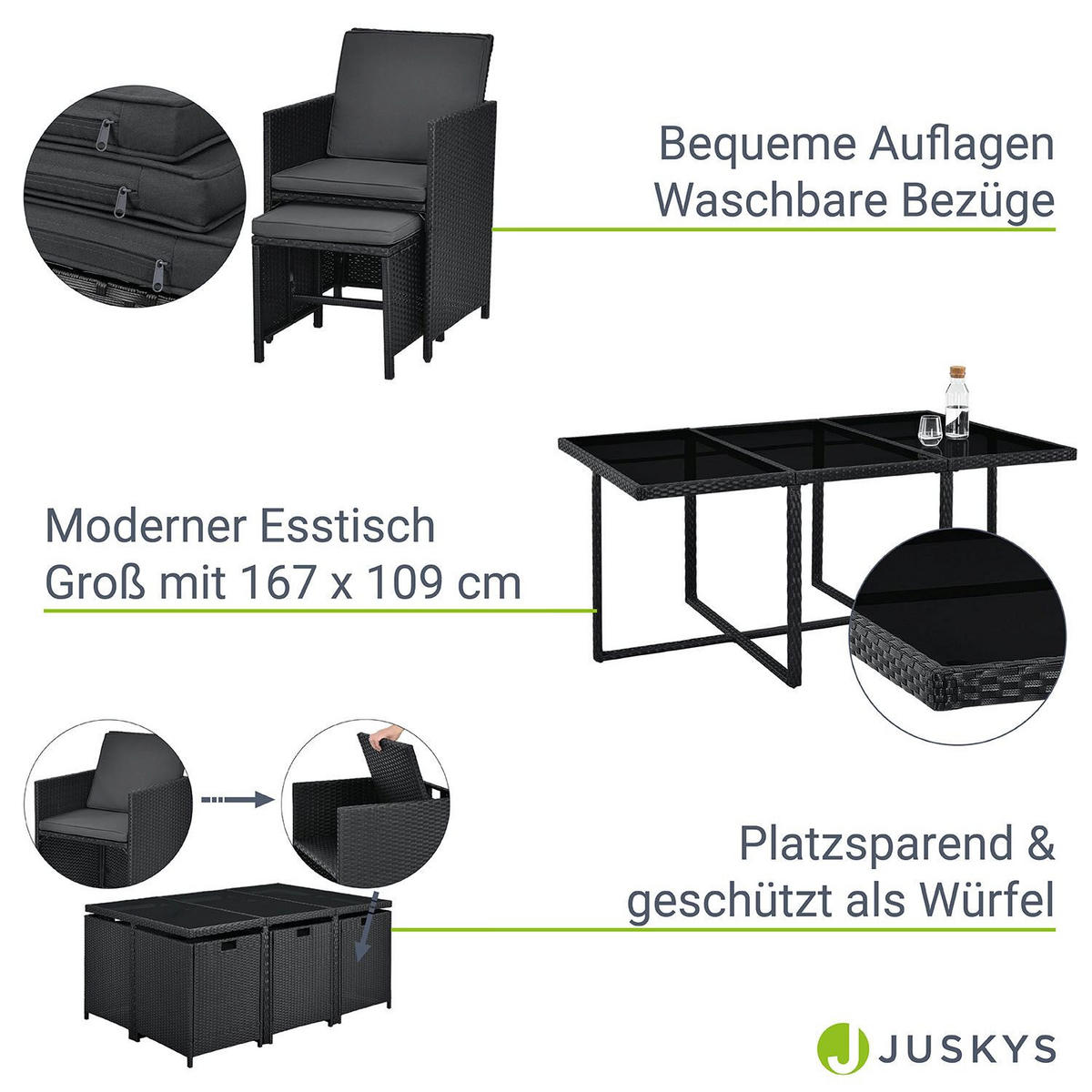 GARTENMÖBELSET Baracoa schwarz 11-tlg. - Schwarz, Kunststoff/Metall - Juskys