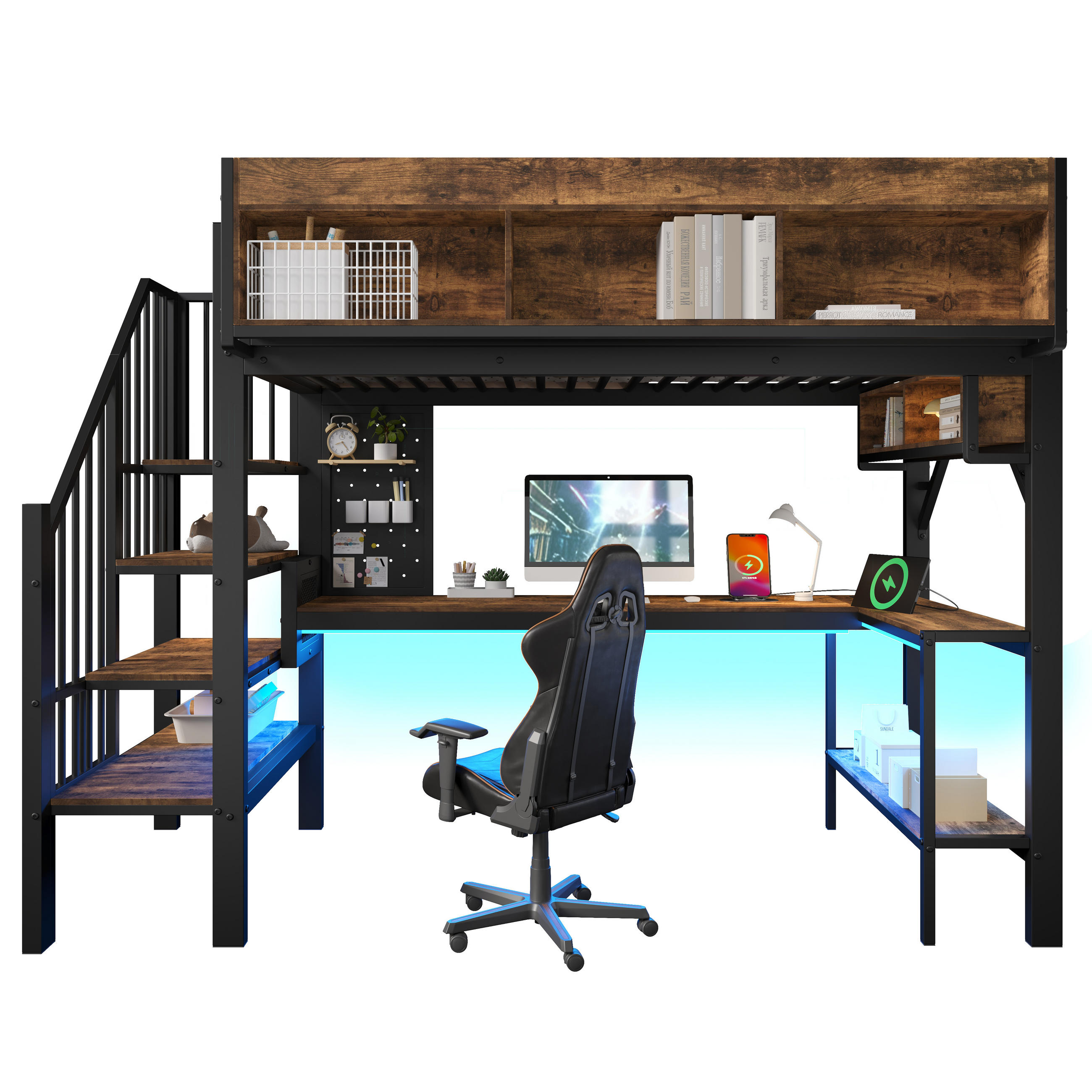 HOCHBETT 90x200 cm Braun Schwarz mit Schreibtisch und LED - Schwarz, Holz (90/200cm) - FLIEKS