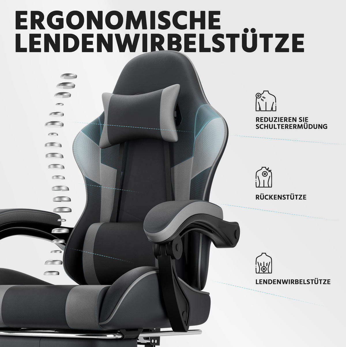 GAMING-STUHL ergonomisch verstellbar PVC Black Gray - Schwarz, Kunststoff (63/120.5/58.5cm) - Meubliv