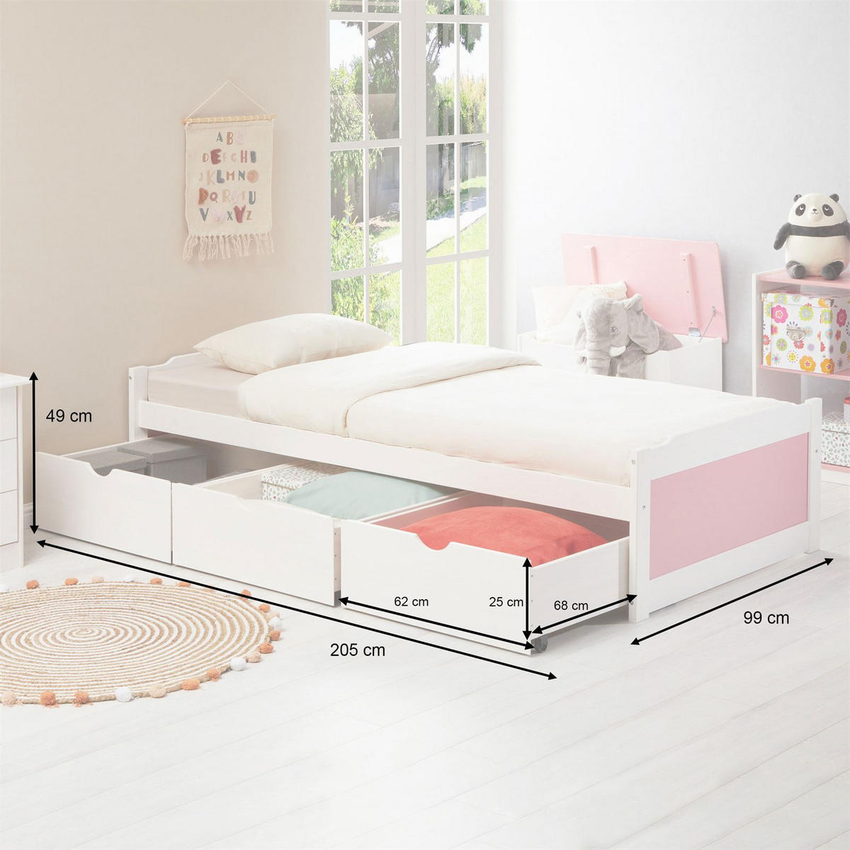 BETT MIA 90x200 cm weiß/rosa - Weiß/Rosa, Holz (99/49/205cm) - IDIMEX