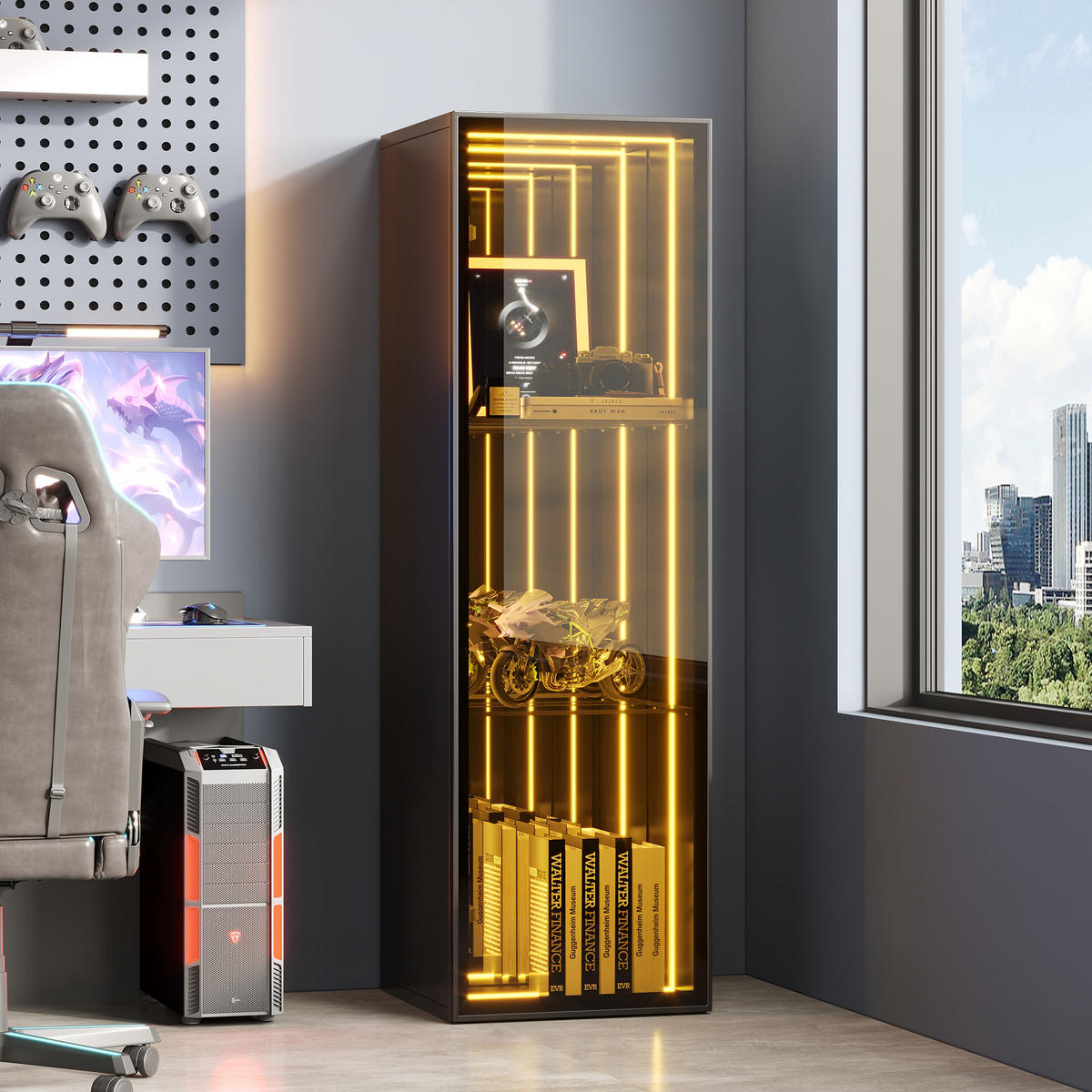VITRINE in Schwarz Aufbewahrungsschrank mit verstellbare Einlegeböden, Scharniere mit Soft-Close-Funktion, 30/30/90 - Transparent/Naturfarben, Glas/Holzwerkstoff (30/90/30cm) - STILVORA